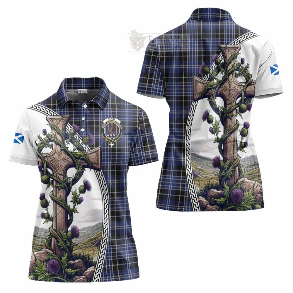 Tartan Vibes Clothing Clark (Clarke) Tartan Women's Polo Shirt with Family Crest and St. Andrew's Cross Accented by Thistle Vines