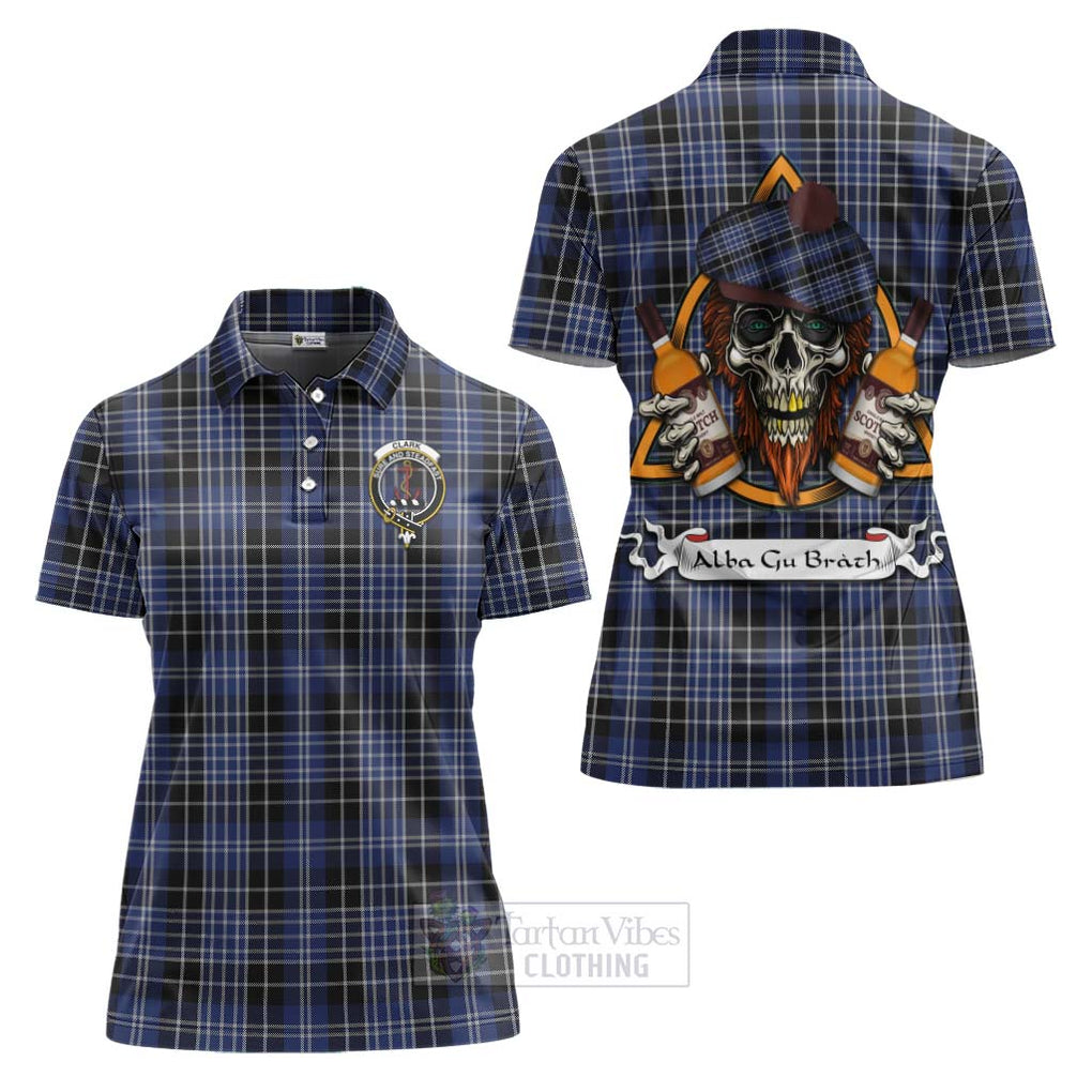 Tartan Vibes Clothing Clark (Clarke) Tartan Women's Polo Shirt with Family Crest and Bearded Skull Holding Bottles of Whiskey