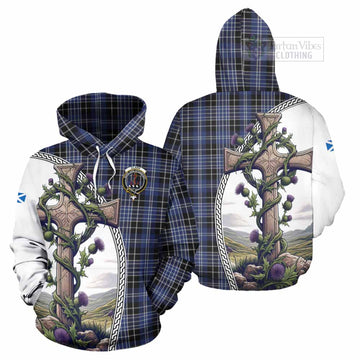 Clark (Clarke) Tartan Hoodie with Family Crest and St. Andrew's Cross Accented by Thistle Vines