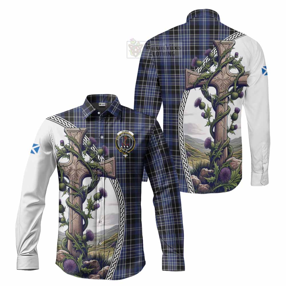 Tartan Vibes Clothing Clark (Clarke) Tartan Long Sleeve Button Shirt with Family Crest and St. Andrew's Cross Accented by Thistle Vines