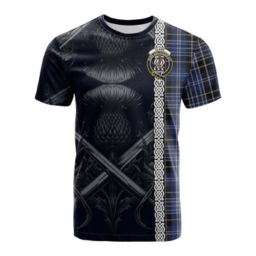 Clark (Clarke) Tartan Cotton T-shirt with Family Crest Cross Sword Thistle Celtic Vibes