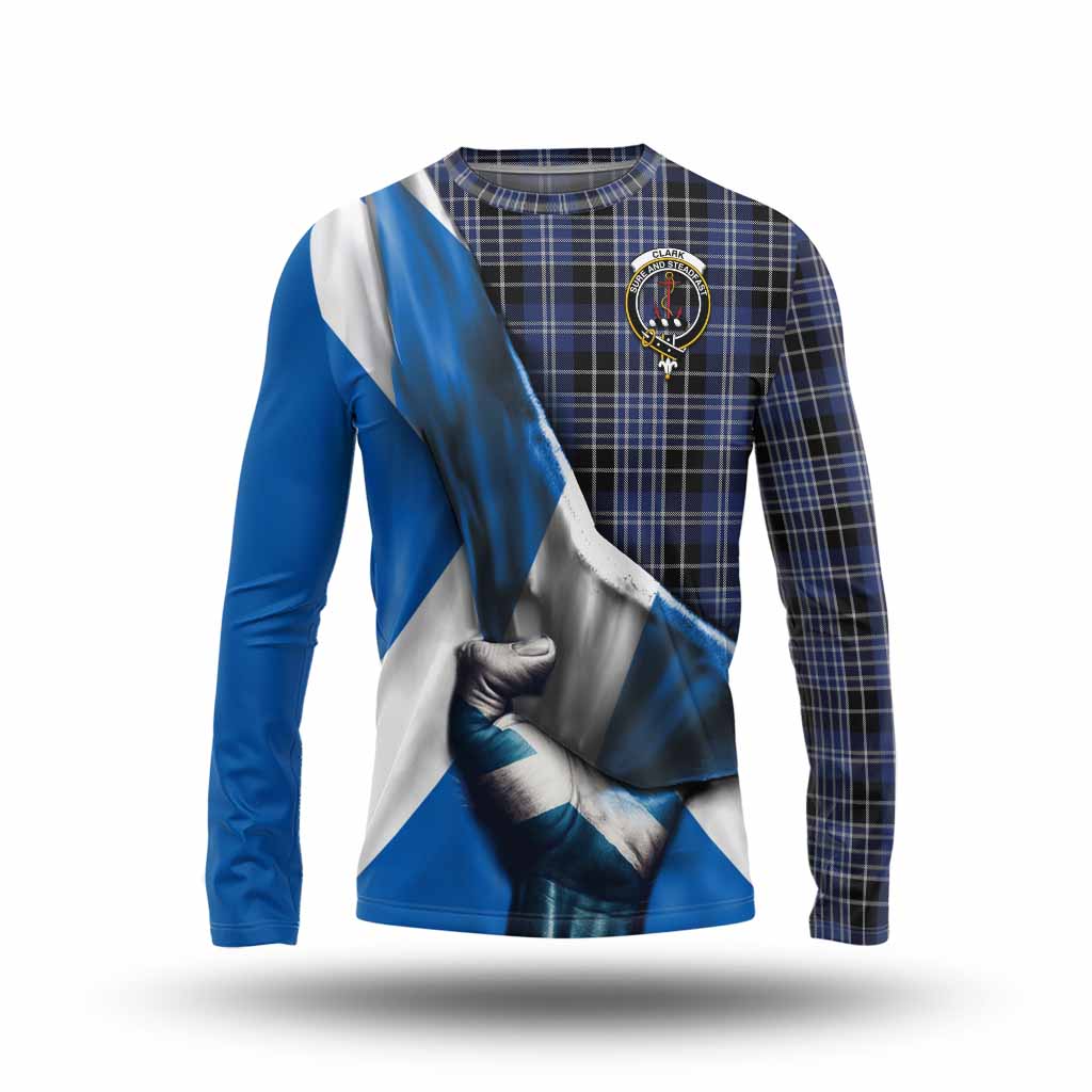 Tartan Vibes Clothing Clark (Clarke) Tartan Long Sleeve T-Shirt with Family Crest Scotland Patriotic Style