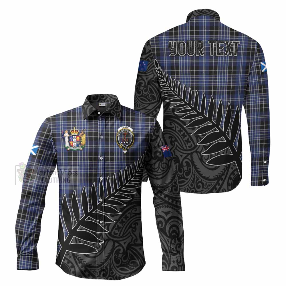 Tartan Vibes Clothing Clark (Clarke) Crest Tartan Long Sleeve Button Shirt with New Zealand Silver Fern Half Style