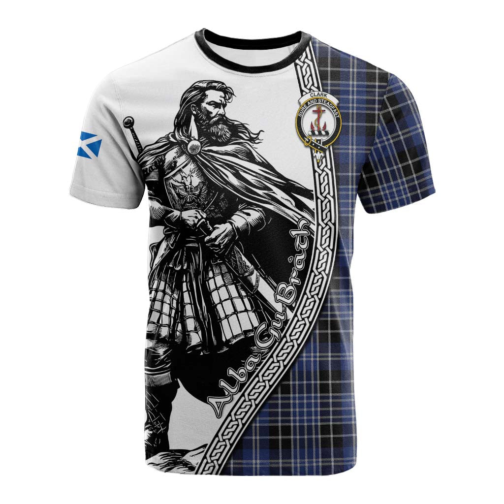 Clark (Clarke) Tartan Clan Crest Cotton T-shirt with Highlander Warrior Celtic Style