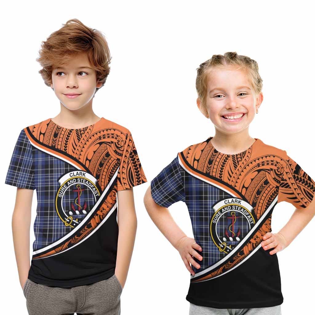 Tartan Vibes Clothing Clark (Clarke) Crest Tartan Kid T-Shirt with Maori Tattoo Style - Orange Version