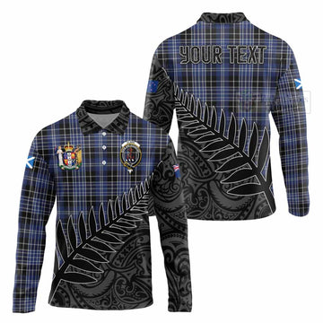 Clark (Clarke) Crest Tartan Long Sleeve Polo Shirt with New Zealand Silver Fern Half Style