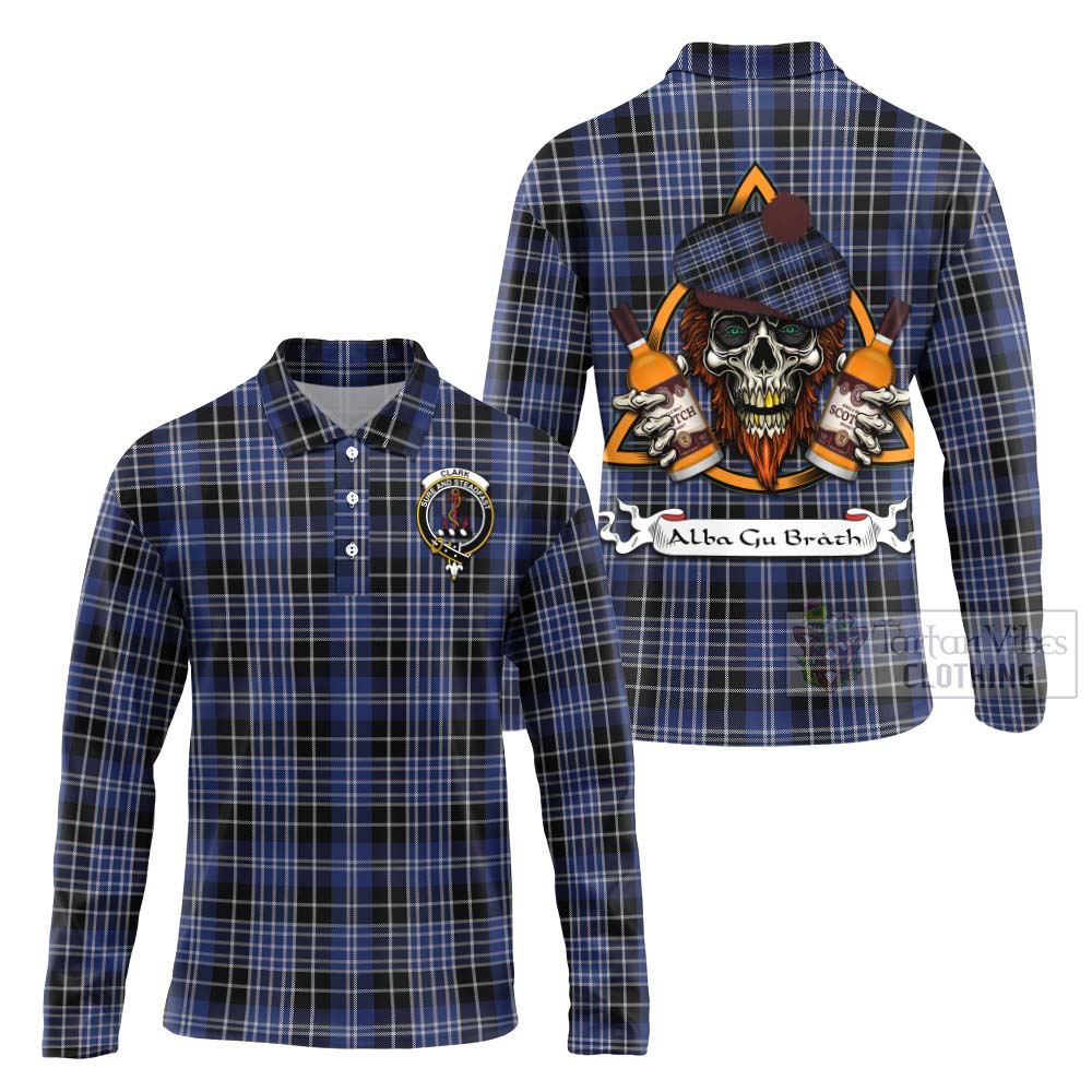 Tartan Vibes Clothing Clark (Clarke) Tartan Long Sleeve Polo Shirt with Family Crest and Bearded Skull Holding Bottles of Whiskey