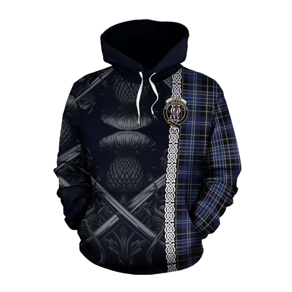 Tartan Vibes Clothing Clark (Clarke) Tartan Cotton Hoodie with Family Crest Cross Sword Thistle Celtic Vibes