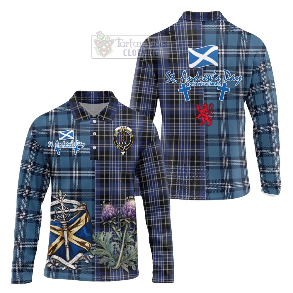 Tartan Vibes Clothing Clark (Clarke) Tartan Long Sleeve Polo Shirt Happy St. Andrew's Day Half Tartan Style