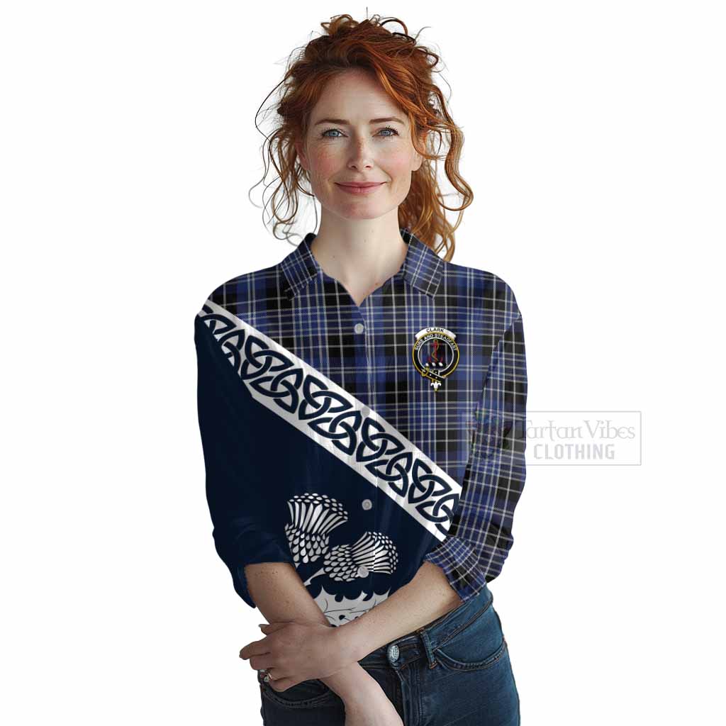 Tartan Vibes Clothing Clark (Clarke) Tartan Women's Casual Shirt Featuring Thistle and Scotland Map