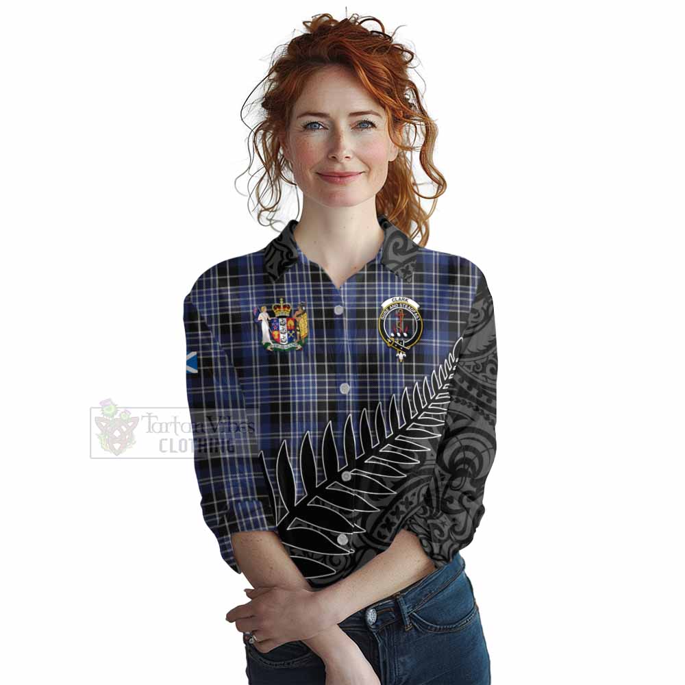 Tartan Vibes Clothing Clark (Clarke) Crest Tartan Women's Casual Shirt with New Zealand Silver Fern Half Style