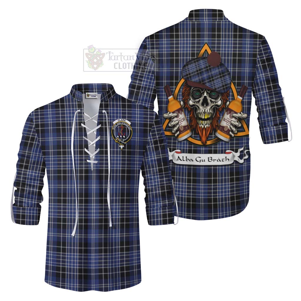 Tartan Vibes Clothing Clark (Clarke) Tartan Ghillie Kilt Shirt with Family Crest and Bearded Skull Holding Bottles of Whiskey