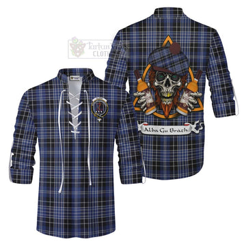 Clark (Clarke) Tartan Ghillie Kilt Shirt with Family Crest and Bearded Skull Holding Bottles of Whiskey