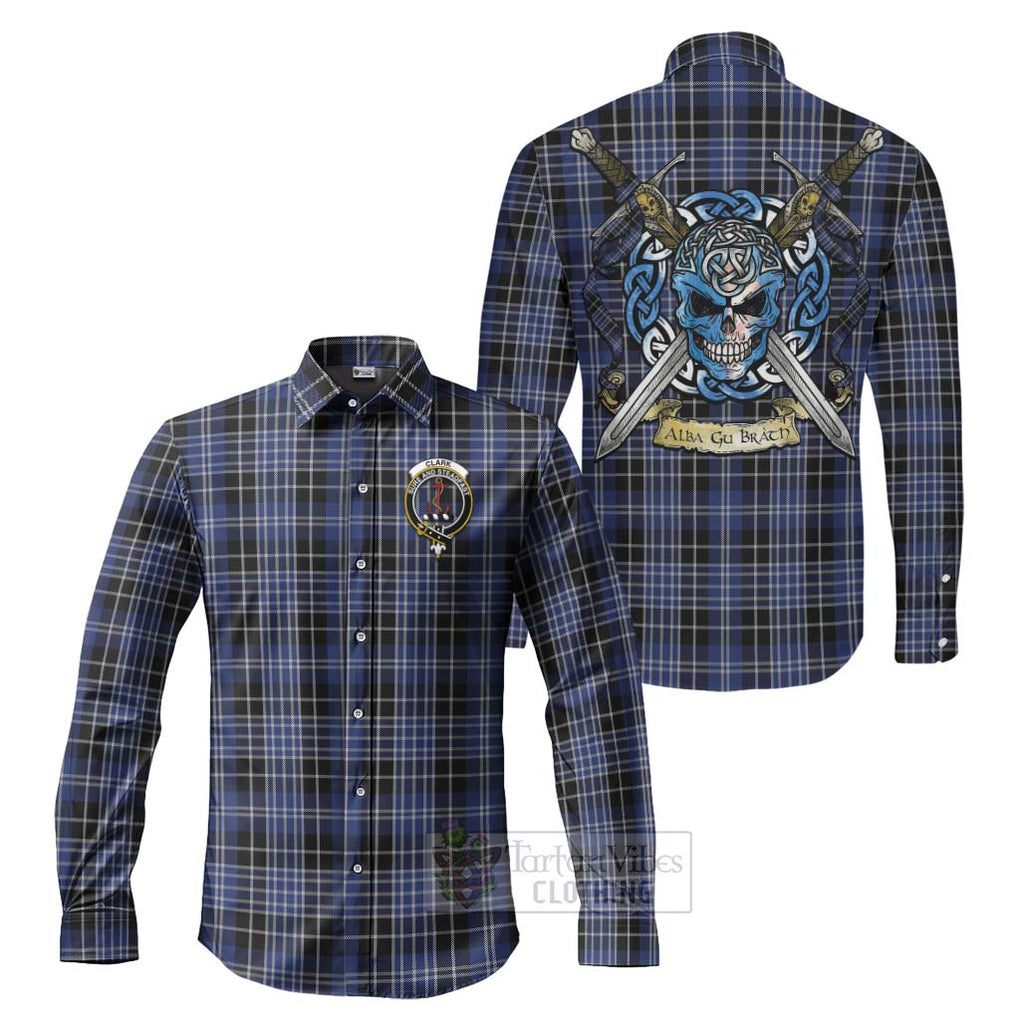 Tartan Vibes Clothing Clark (Clarke) Tartan Long Sleeve Button Shirt with Family Crest Celtic Skull Style