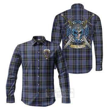 Clark (Clarke) Tartan Long Sleeve Button Shirt with Family Crest Celtic Skull Style