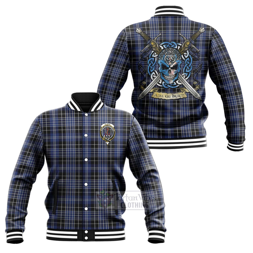 Tartan Vibes Clothing Clark (Clarke) Tartan Baseball Jacket with Family Crest Celtic Skull Style