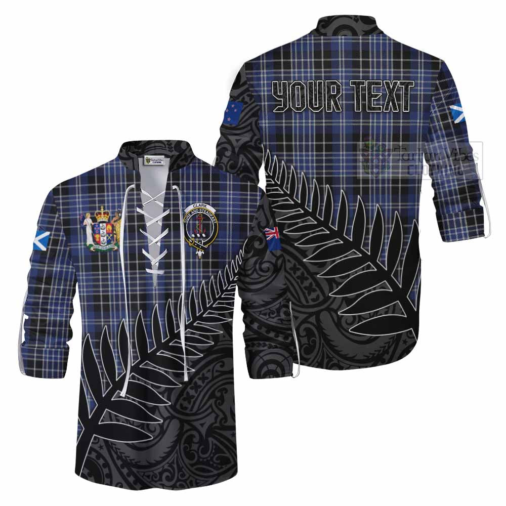 Tartan Vibes Clothing Clark (Clarke) Crest Tartan Ghillie Kilt Shirt with New Zealand Silver Fern Half Style