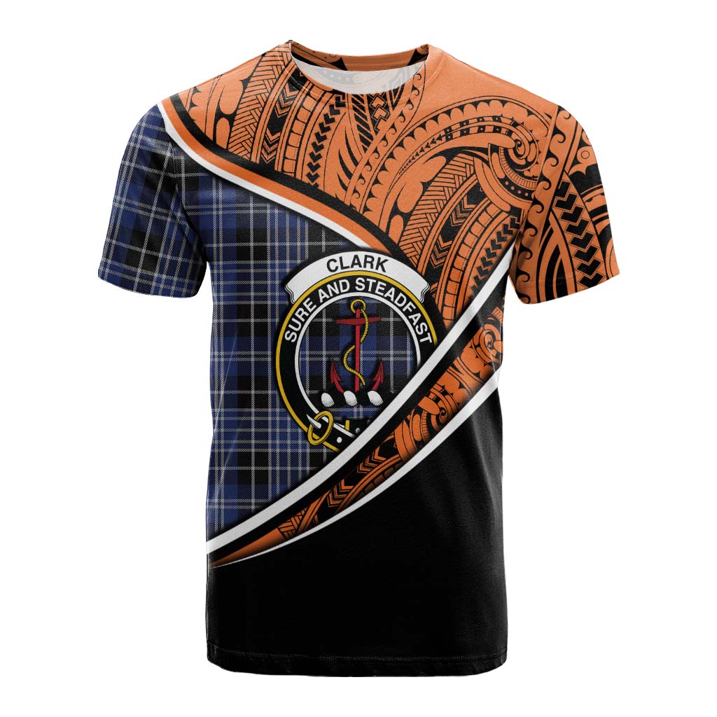 Tartan Vibes Clothing Clark (Clarke) Crest Tartan Cotton T-shirt with Maori Tattoo Style - Orange Version