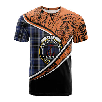 Clark (Clarke) Crest Tartan Cotton T-shirt with Polynesian Vibes Style - Orange Version