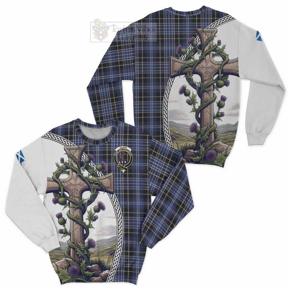 Tartan Vibes Clothing Clark (Clarke) Tartan Sweatshirt with Family Crest and St. Andrew's Cross Accented by Thistle Vines