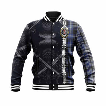 Clark (Clarke) Tartan Baseball Jacket with Family Crest Cross Sword Thistle Celtic Vibes