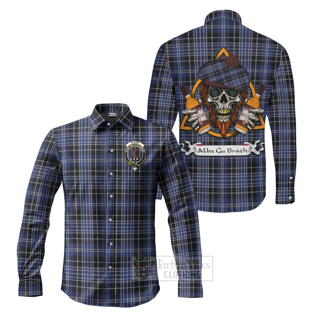 Tartan Vibes Clothing Clark (Clarke) Tartan Long Sleeve Button Shirt with Family Crest and Bearded Skull Holding Bottles of Whiskey