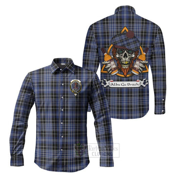 Clark (Clarke) Tartan Long Sleeve Button Shirt with Family Crest and Bearded Skull Holding Bottles of Whiskey