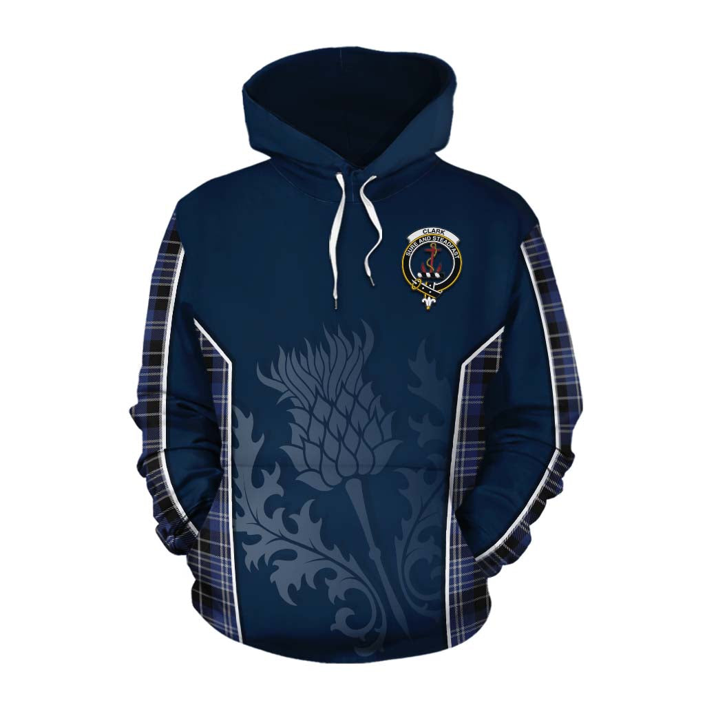 Tartan Vibes Clothing Clark (Clarke) Tartan Cotton Hoodie with Family Crest and Scottish Thistle Vibes Sport Style