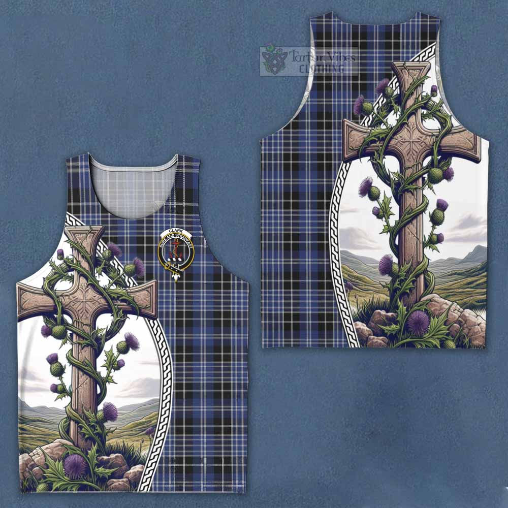 Tartan Vibes Clothing Clark (Clarke) Tartan Men's Tank Top with Family Crest and St. Andrew's Cross Accented by Thistle Vines