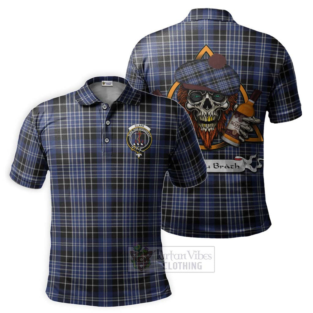 Tartan Vibes Clothing Clark (Clarke) Tartan Polo Shirt with Family Crest and Bearded Skull Holding Bottles of Whiskey