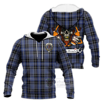 Clark (Clarke) Tartan Knitted Hoodie with Family Crest and Bearded Skull Holding Bottles of Whiskey