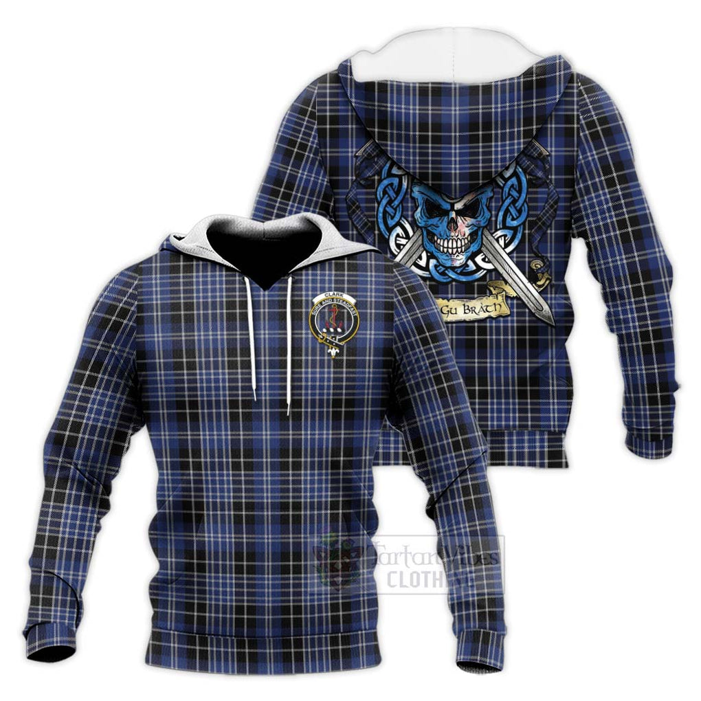 Tartan Vibes Clothing Clark (Clarke) Tartan Knitted Hoodie with Family Crest Celtic Skull Style