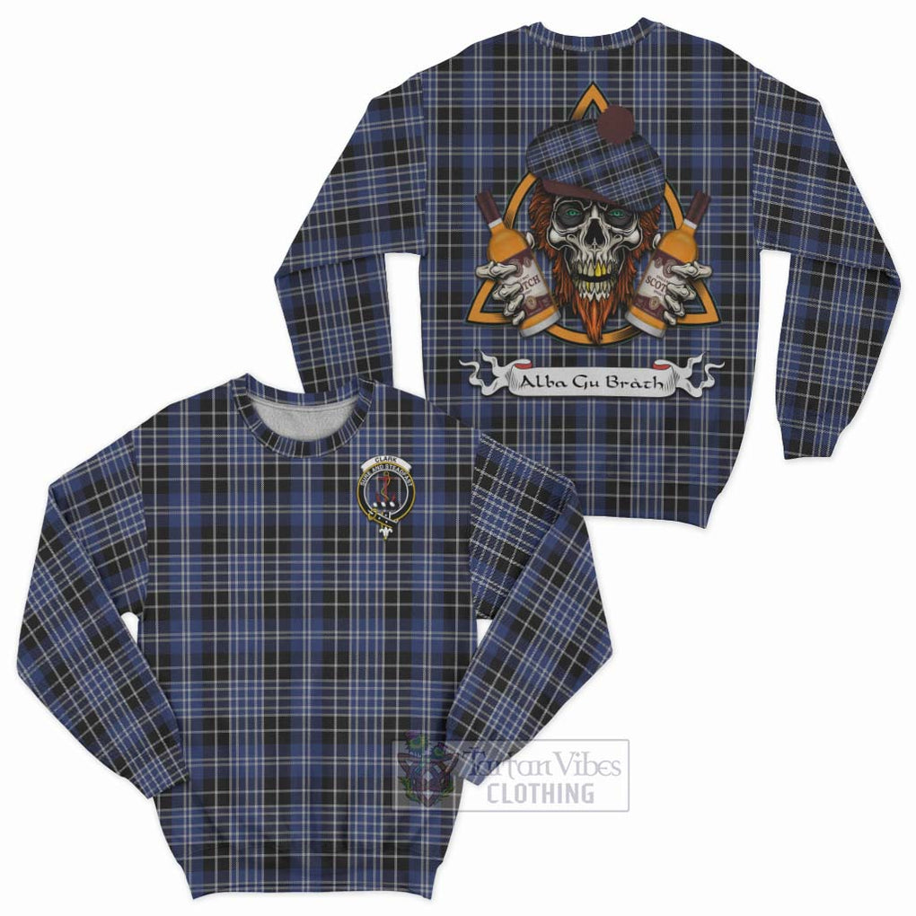 Tartan Vibes Clothing Clark (Clarke) Tartan Sweatshirt with Family Crest and Bearded Skull Holding Bottles of Whiskey