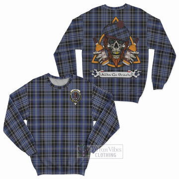 Clark (Clarke) Tartan Sweatshirt with Family Crest and Bearded Skull Holding Bottles of Whiskey