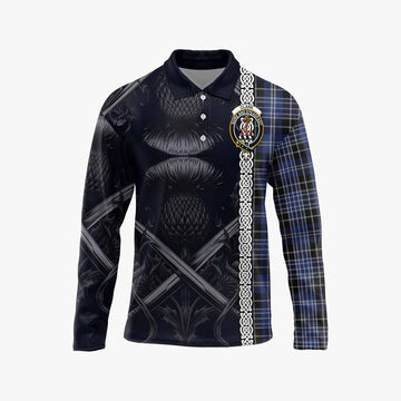 Clark (Clarke) Tartan Long Sleeve Polo Shirt with Family Crest Cross Sword Thistle Celtic Vibes