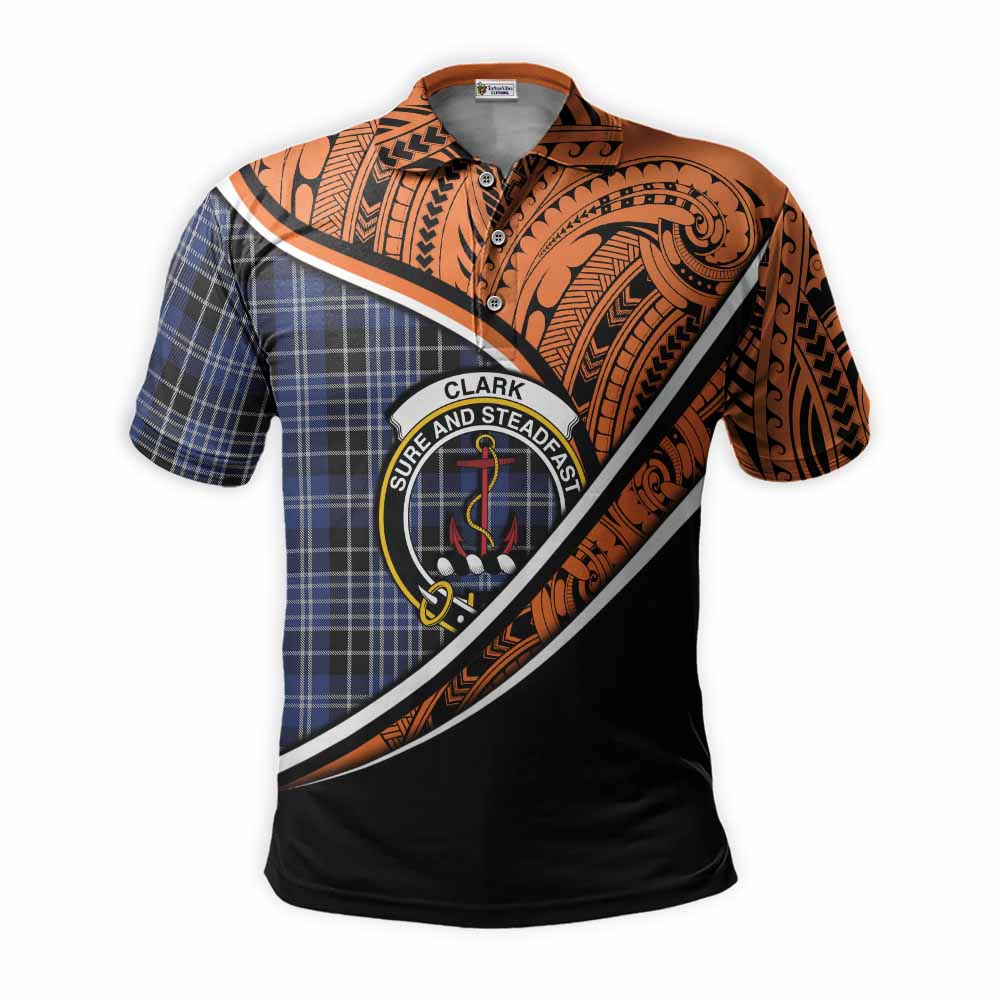 Tartan Vibes Clothing Clark (Clarke) Crest Tartan Polo Shirt with Maori Tattoo Style - Orange Version