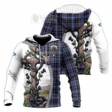 Clark (Clarke) Tartan Knitted Hoodie with Family Crest and St. Andrew's Cross Accented by Thistle Vines