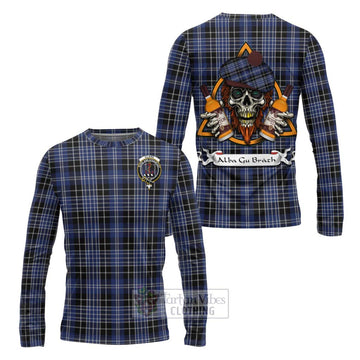 Clark (Clarke) Tartan Long Sleeve T-Shirt with Family Crest and Bearded Skull Holding Bottles of Whiskey