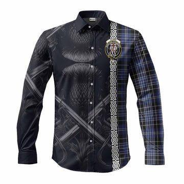 Clark (Clarke) Tartan Long Sleeve Button Shirt with Family Crest Cross Sword Thistle Celtic Vibes