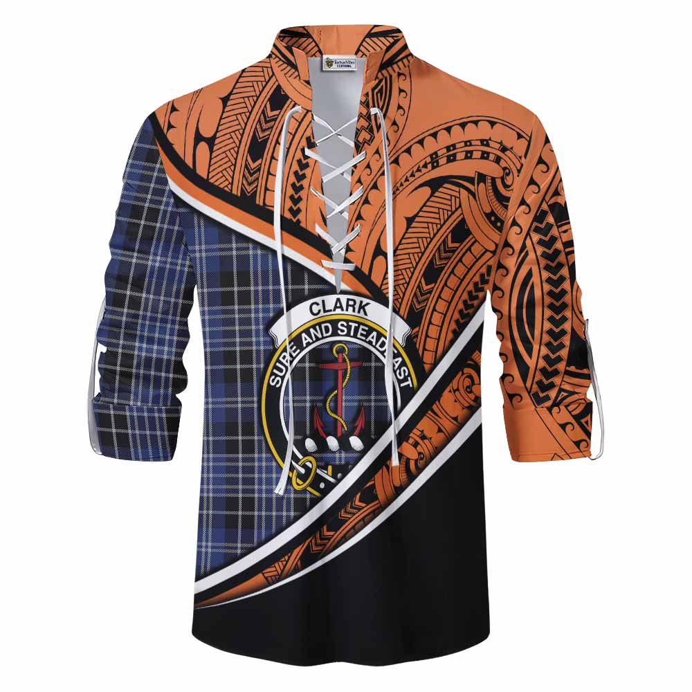 Tartan Vibes Clothing Clark (Clarke) Crest Tartan Ghillie Kilt Shirt with Maori Tattoo Style - Orange Version