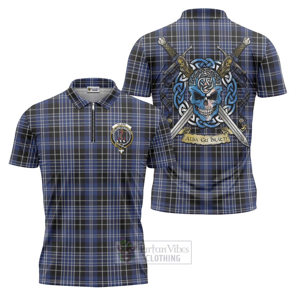 Tartan Vibes Clothing Clark (Clarke) Tartan Zipper Polo Shirt with Family Crest Celtic Skull Style