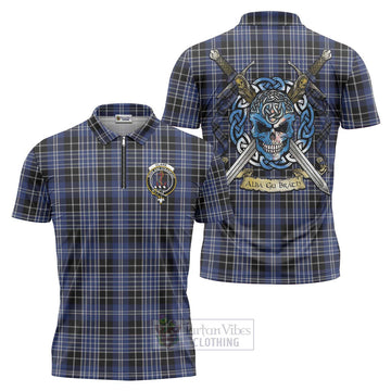 Clark (Clarke) Tartan Zipper Polo Shirt with Family Crest Celtic Skull Style