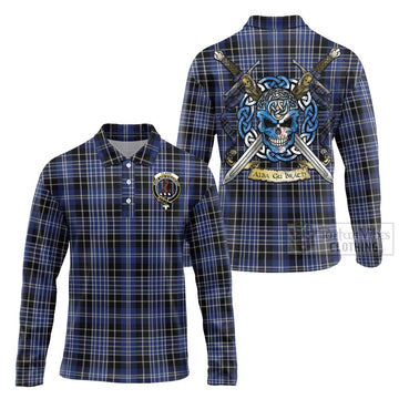 Clark (Clarke) Tartan Long Sleeve Polo Shirt with Family Crest Celtic Skull Style