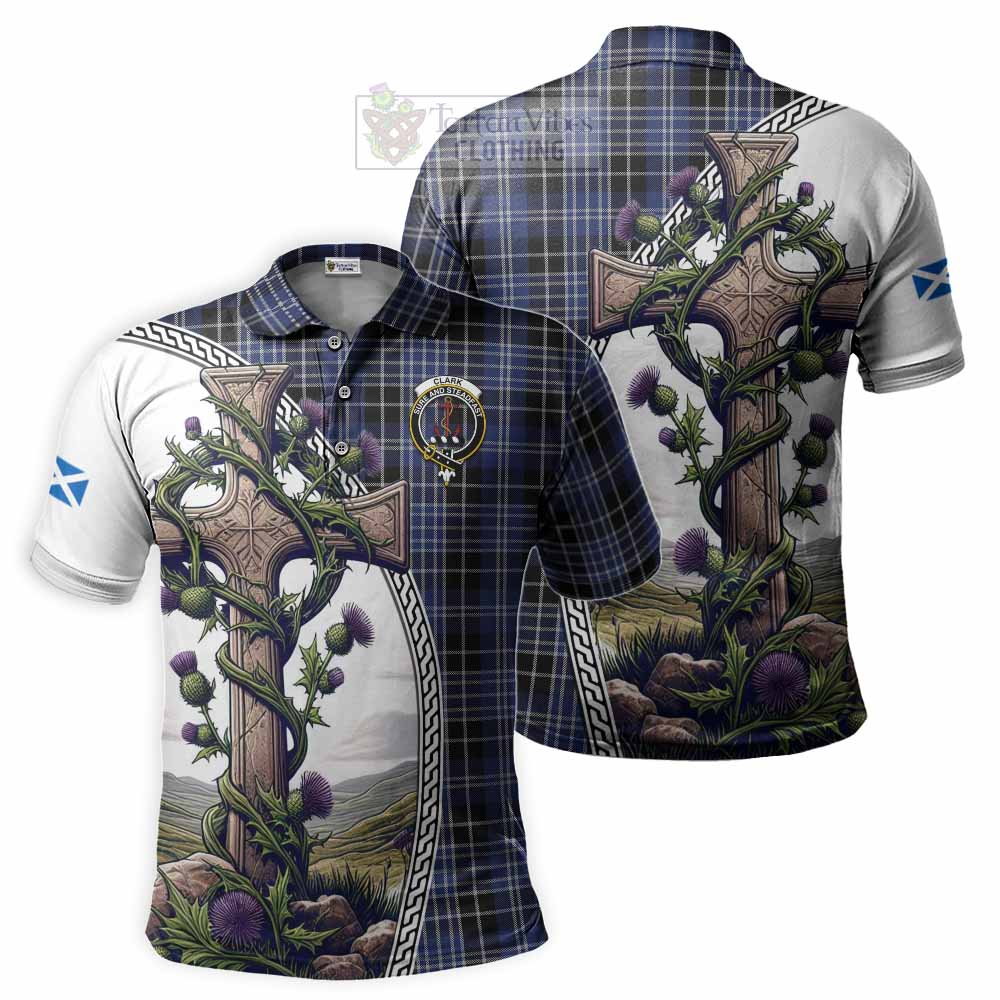 Tartan Vibes Clothing Clark (Clarke) Tartan Polo Shirt with Family Crest and St. Andrew's Cross Accented by Thistle Vines