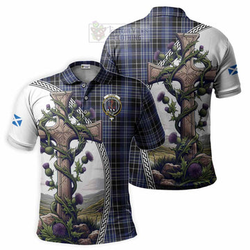 Clark (Clarke) Tartan Polo Shirt with Family Crest and St. Andrew's Cross Accented by Thistle Vines