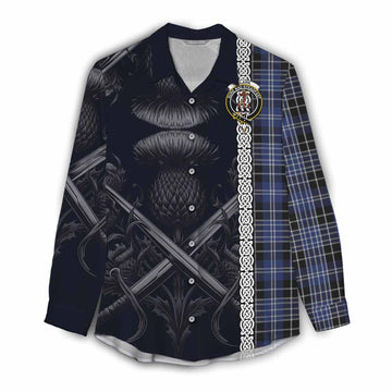 Clark (Clarke) Tartan Women's Casual Shirt with Family Crest Cross Sword Thistle Celtic Vibes