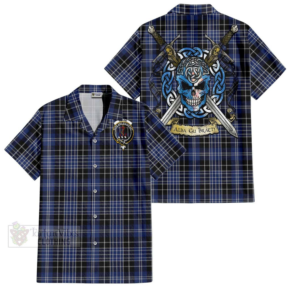 Tartan Vibes Clothing Clark (Clarke) Tartan Short Sleeve Button Shirt with Family Crest Celtic Skull Style