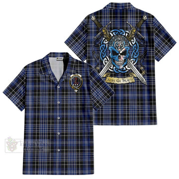 Clark (Clarke) Tartan Short Sleeve Button Shirt with Family Crest Celtic Skull Style