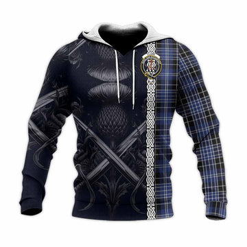 Clark (Clarke) Tartan Knitted Hoodie with Family Crest Cross Sword Thistle Celtic Vibes