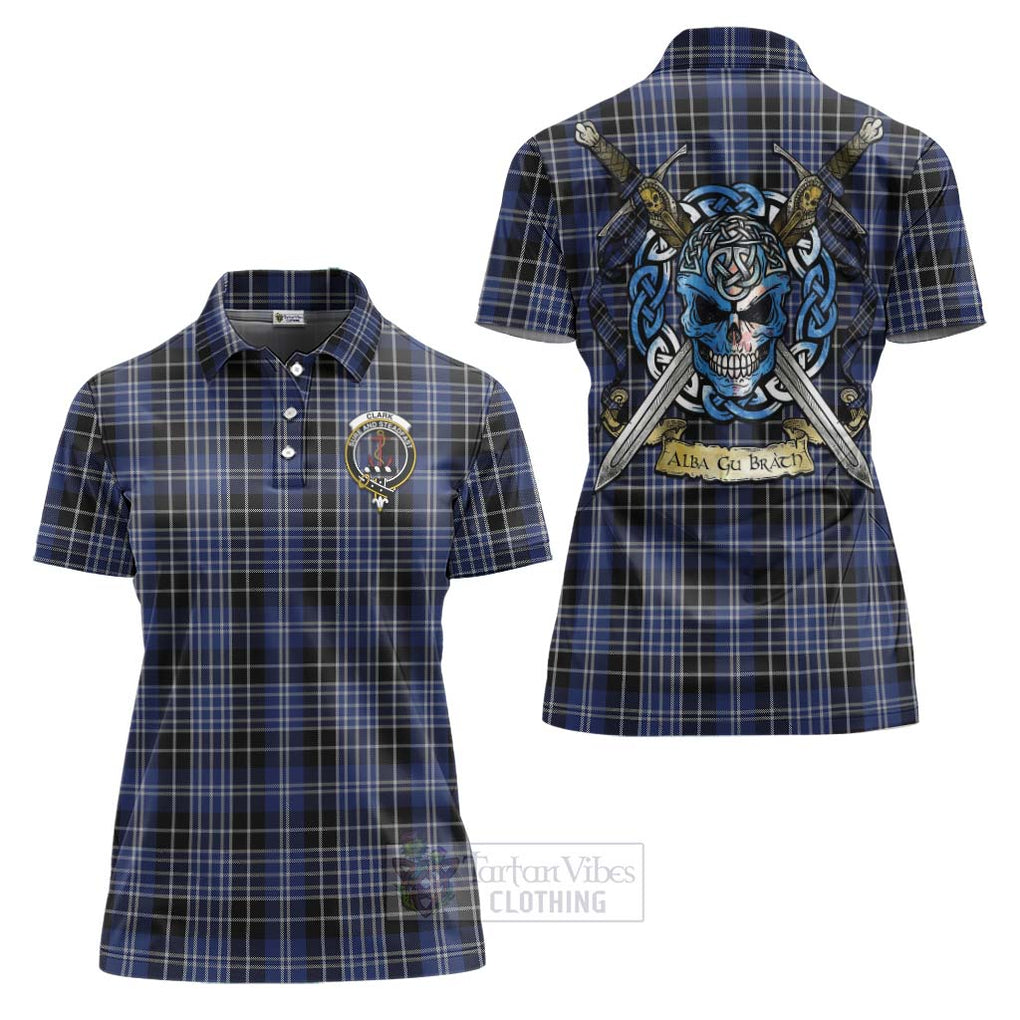 Tartan Vibes Clothing Clark (Clarke) Tartan Women's Polo Shirt with Family Crest Celtic Skull Style